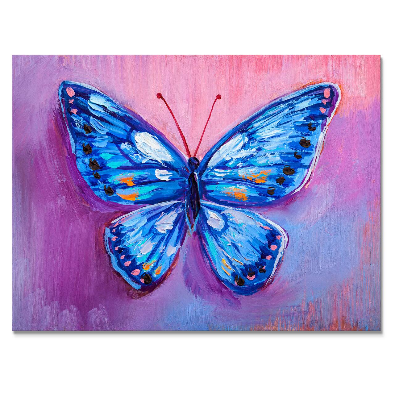 Designart - Oil painting of blue butterfly - Cottage Canvas Wall Art